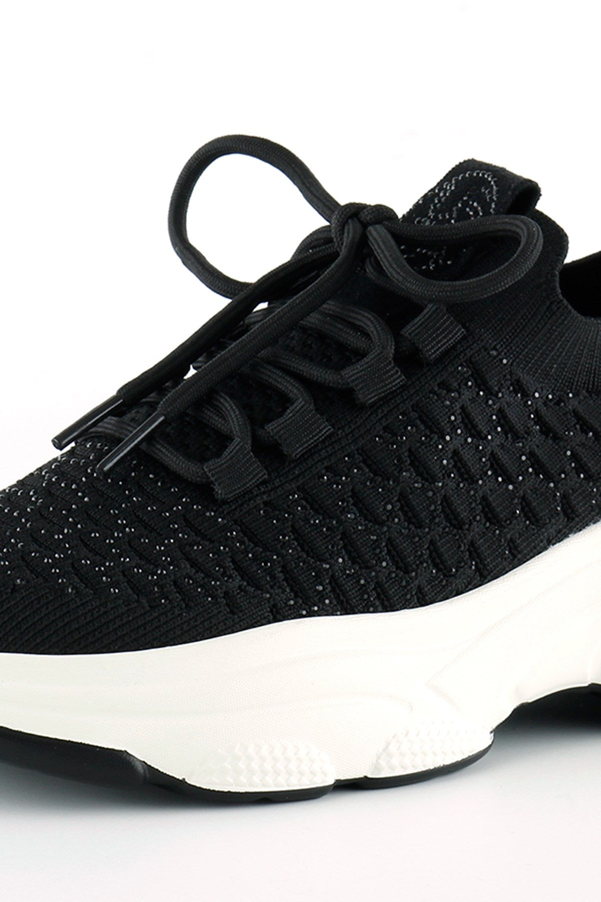 [5031] Siyah Örgü Dokuma Taş Detaylı Bağcıklı Slip-on Sneaker