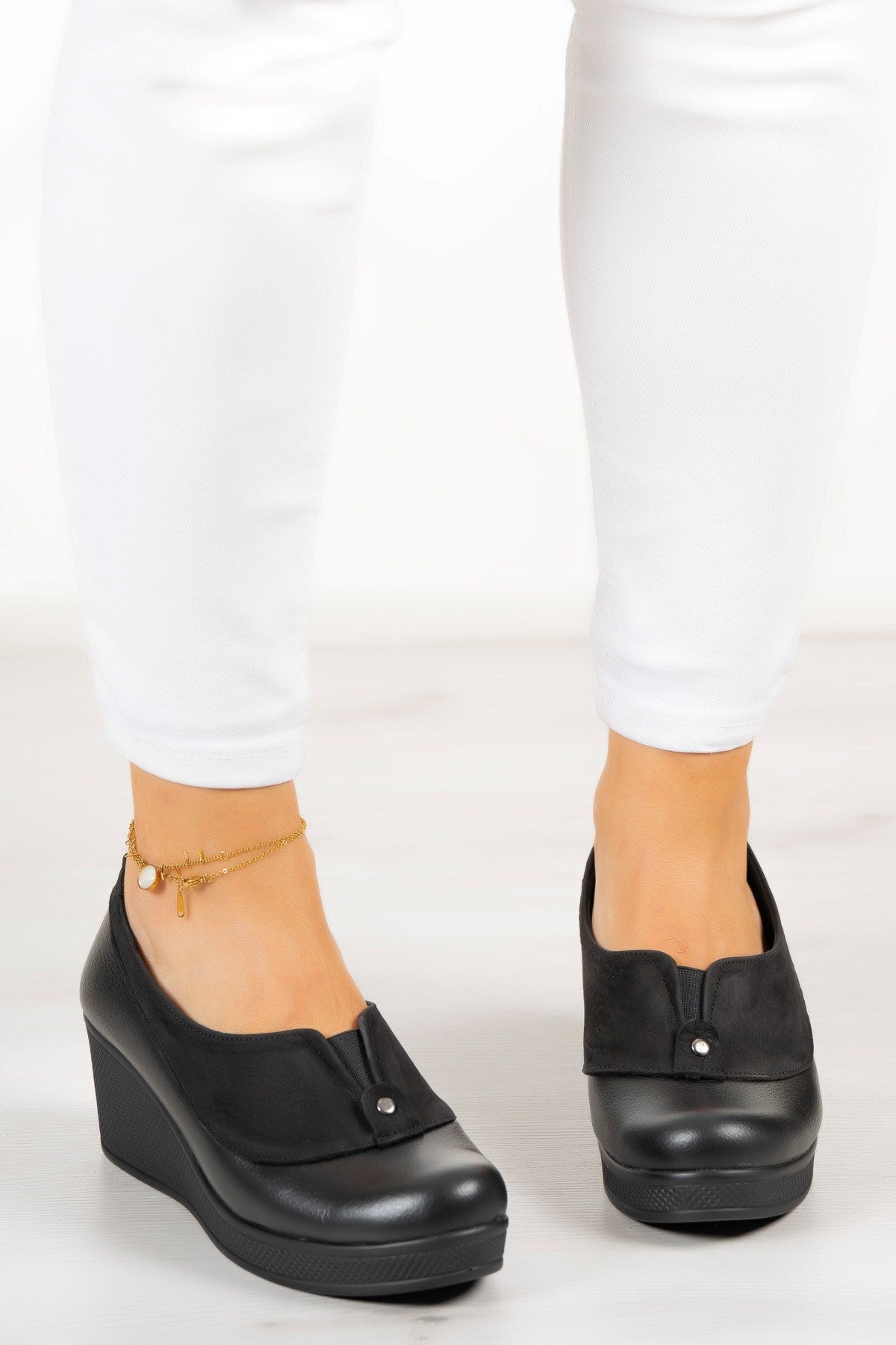 Sadie Siyah Hakiki Deri Dolgu Topuklu Günlük Ayakkabı