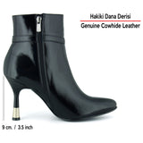 [MAX 1431] Siyah Rugan Hakiki Dana Derisi Tokalı Fermuarlı Sivri Burun İnce Topuklu Günlük Bot