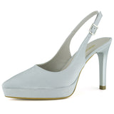 Scarlett Slingback Gümüş Saten Sivri Burun Arkası Açık İnce Platform Topuklu Abiye Ayakkabı