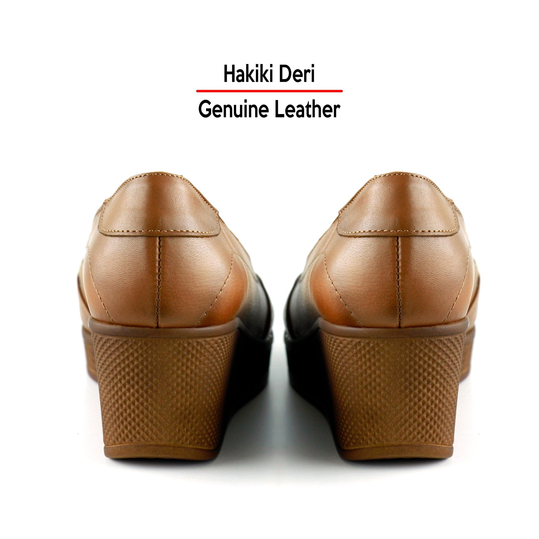 Shay Exclusive Taba Hakiki Deri Çapraz Bant Detaylı İşlemeli Dolgu Topuklu Günlük Ayakkabı