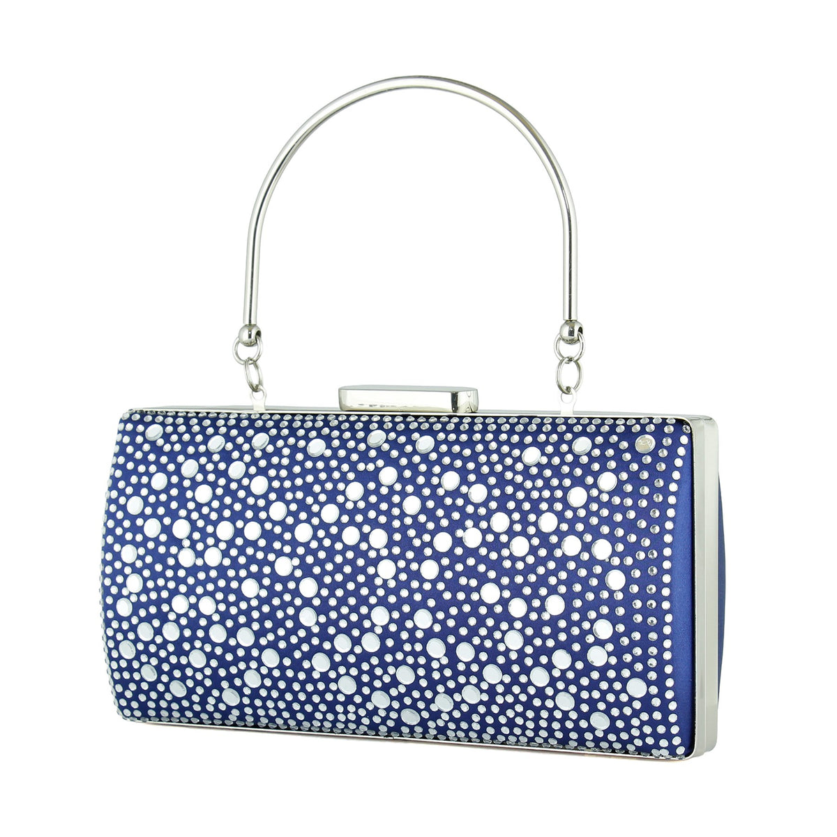 (ES0022AC) Lacivert Saten Damla Kristal Taşlı Metal Saplı Zincirli Abiye El Çantası