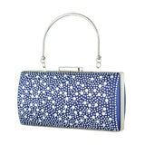 (ES0022AC) Lacivert Saten Damla Kristal Taşlı Metal Saplı Zincirli Abiye El Çantası
