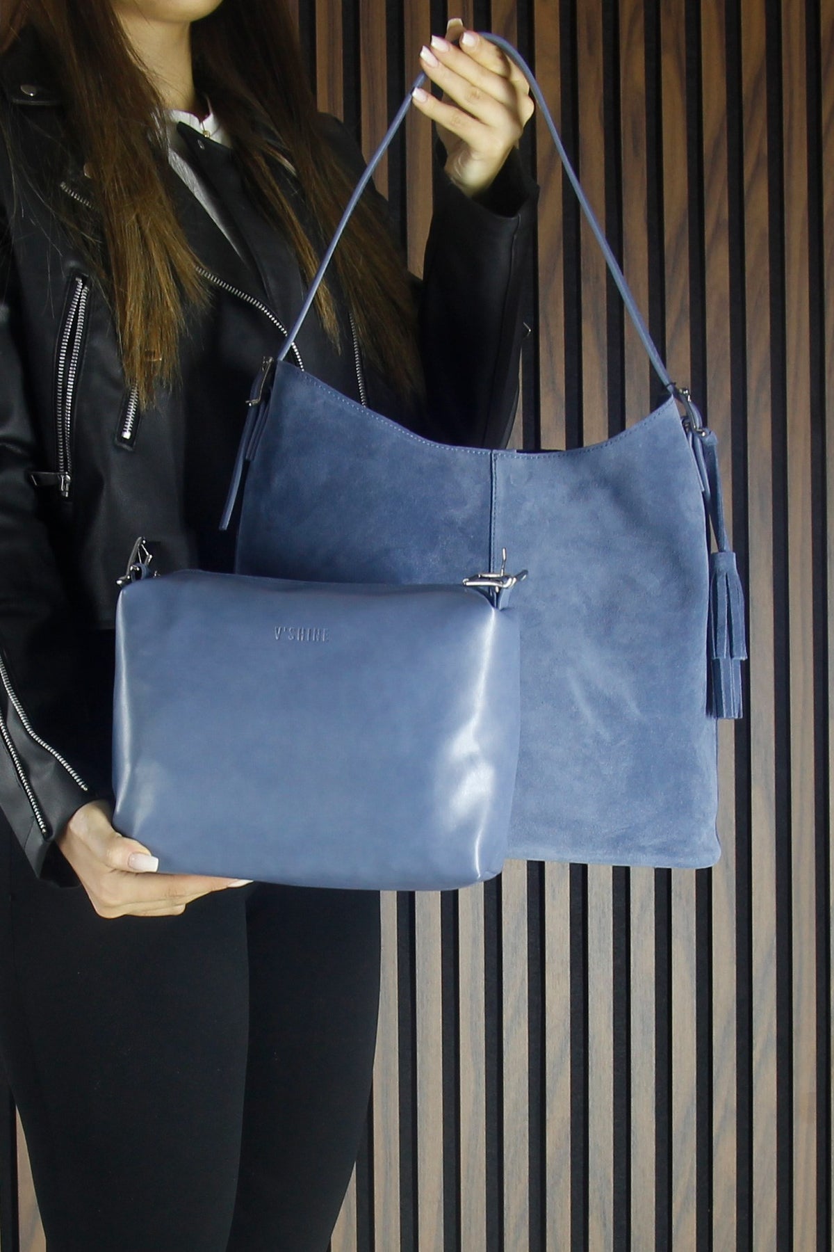 (VSN5016OC) Mavi Hakiki Dana Süet Püsküllü Manyetik Kapaklı Büyük Boy Günlük Omuz Çantası ve El Çantası