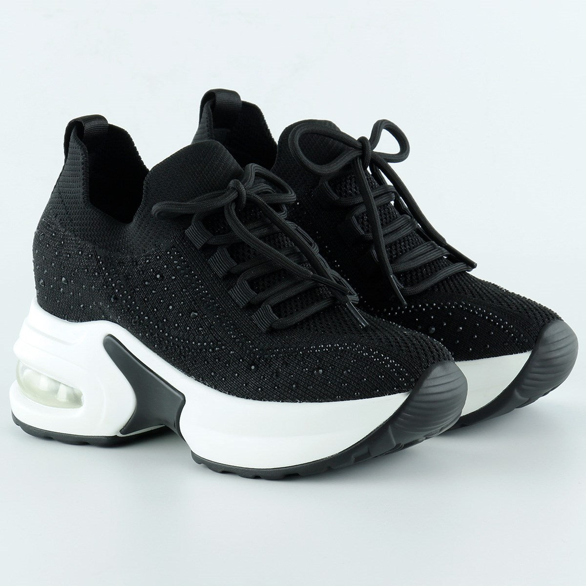 [5035] Siyah Beyaz Örgü Dokuma Kristal Taşlı Bağcıklı Hava Yastıklı Taban Gizli Dolgu Slip-on Sneake