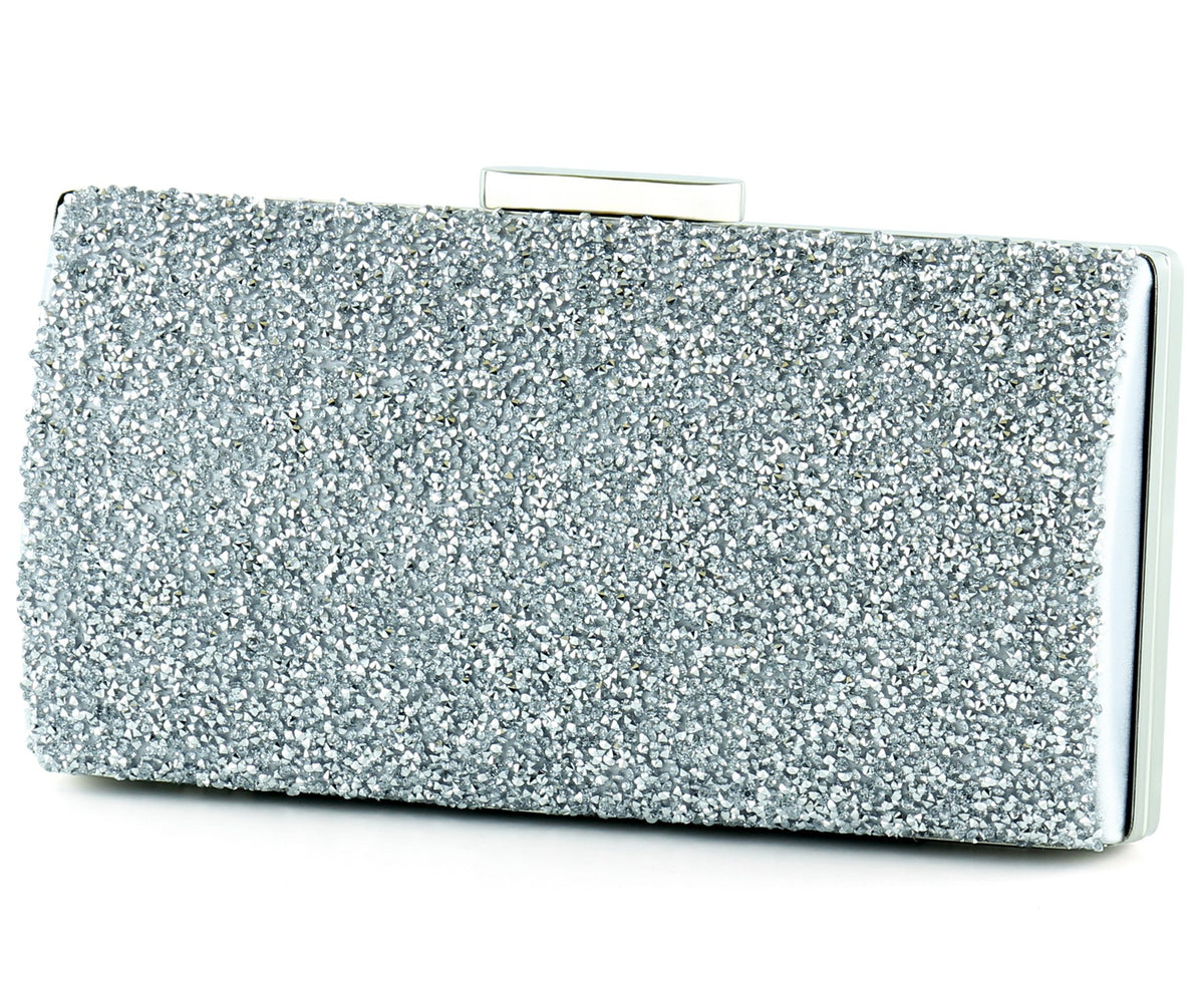 Gümüş Saten Kristal Granül Taşlı Metal Saplı Abiye El Çantası ( ES0013AC )