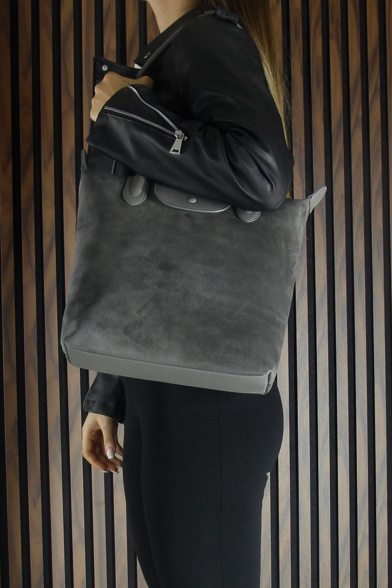 (VSN5017OC) Gri Hakiki Dana Süet Fermuarlı Manyetik Kapaklı Büyük Boy Günlük Omuz Çantası