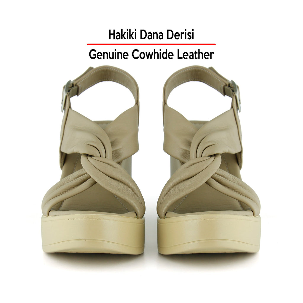 Monica Vizon Hakiki Dana Derisi Çapraz Burgulu Dolgu Topuklu Slingback Sandalet