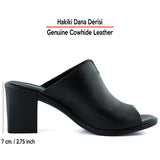 Valery Siyah Hakiki Dana Derisi Önü Açık Kalın Topuklu Terlik