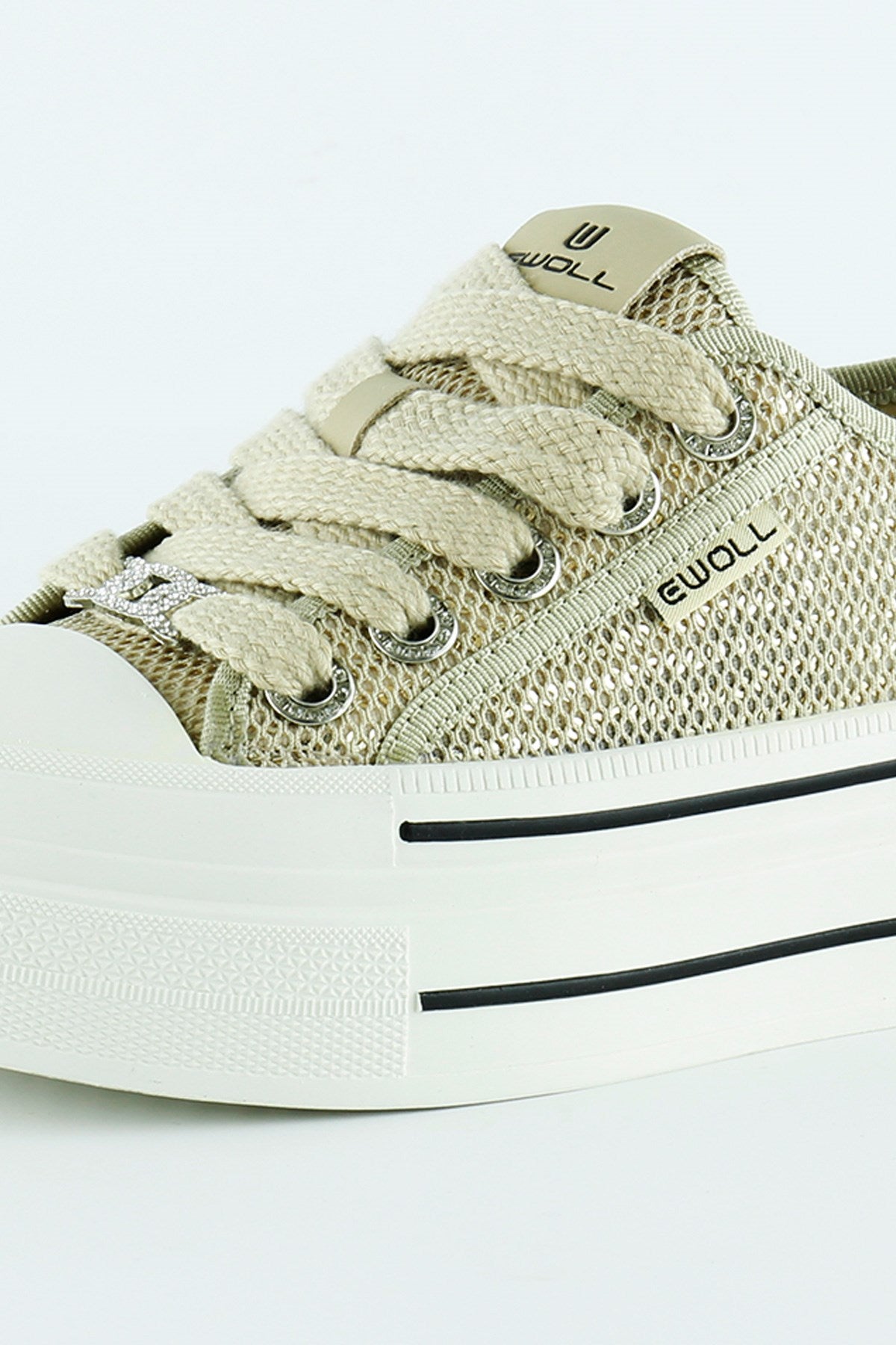 [5025] Bej Yüksek Taban Spor Fileli Taşlı Bağcıklı Platform Sneaker