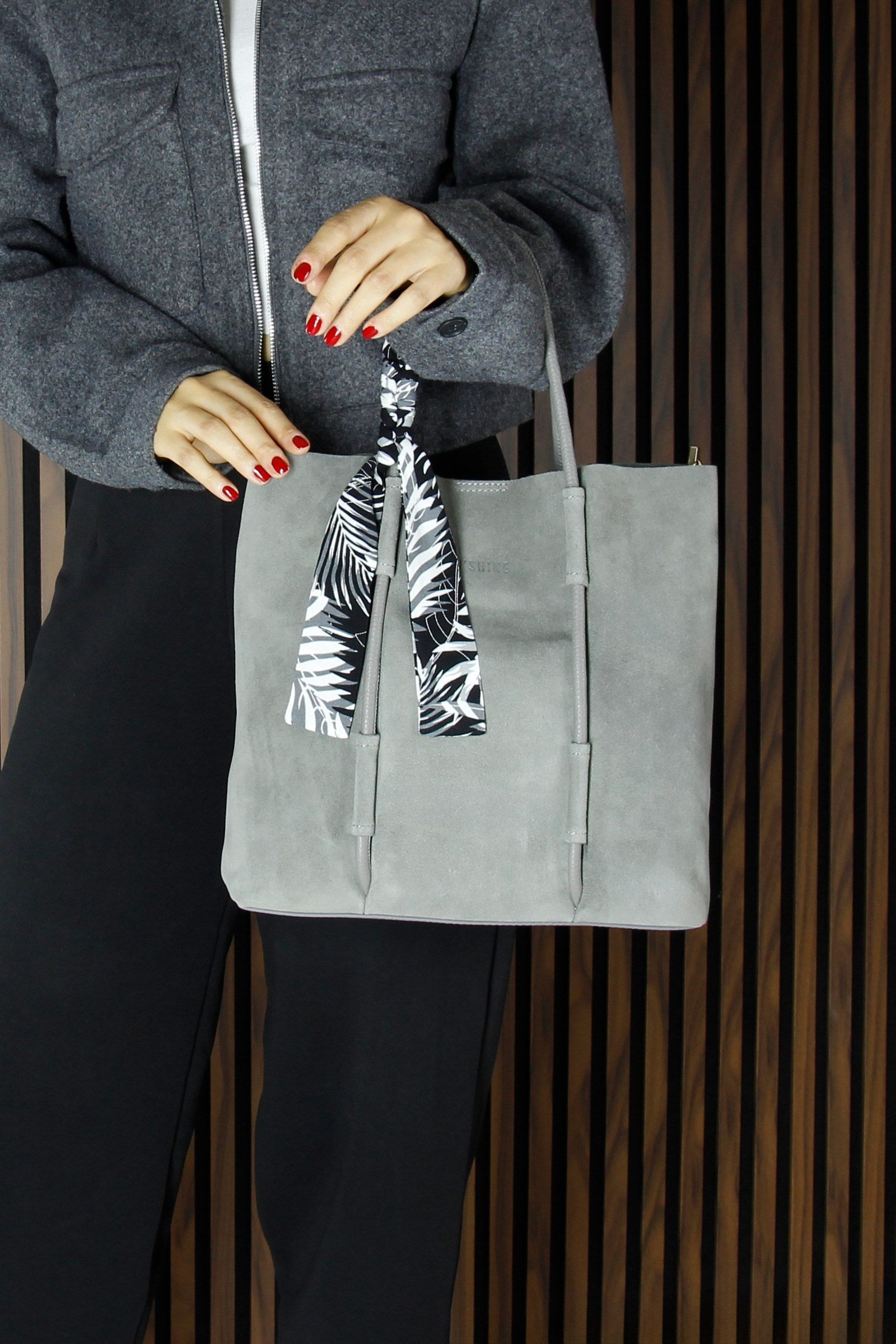 (VSN5013OC) Gri Hakiki Dana Süet Manyetik Kapaklı Fermuarlı İç Cepli Askılı Büyük Boy Günlük Omuz Çantası