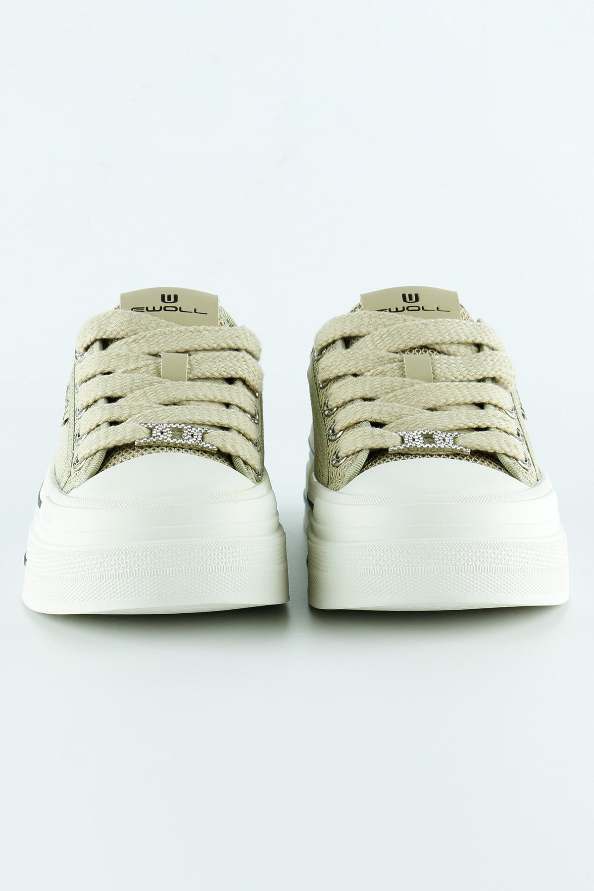 [5025] Bej Yüksek Taban Spor Fileli Taşlı Bağcıklı Platform Sneaker