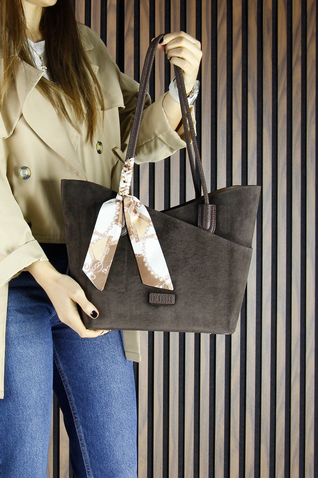 (VSN3094OC) Kahve Hakiki Dana Süet Manyetik Kapaklı Büyük Boy Günlük Omuz Çantası ve Askılı El Çantası