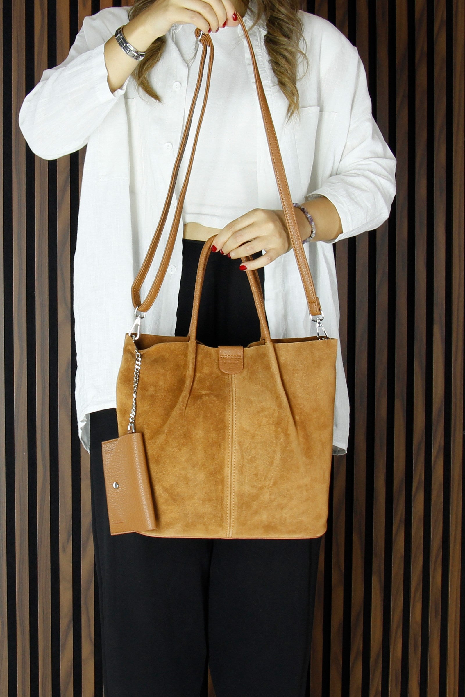 (VSN5010OC) Taba Hakiki Dana Süet Manyetik Kapaklı İç Cepli Askılı Günlük Büyük Boy Omuz Çantası ve Cüzdanı