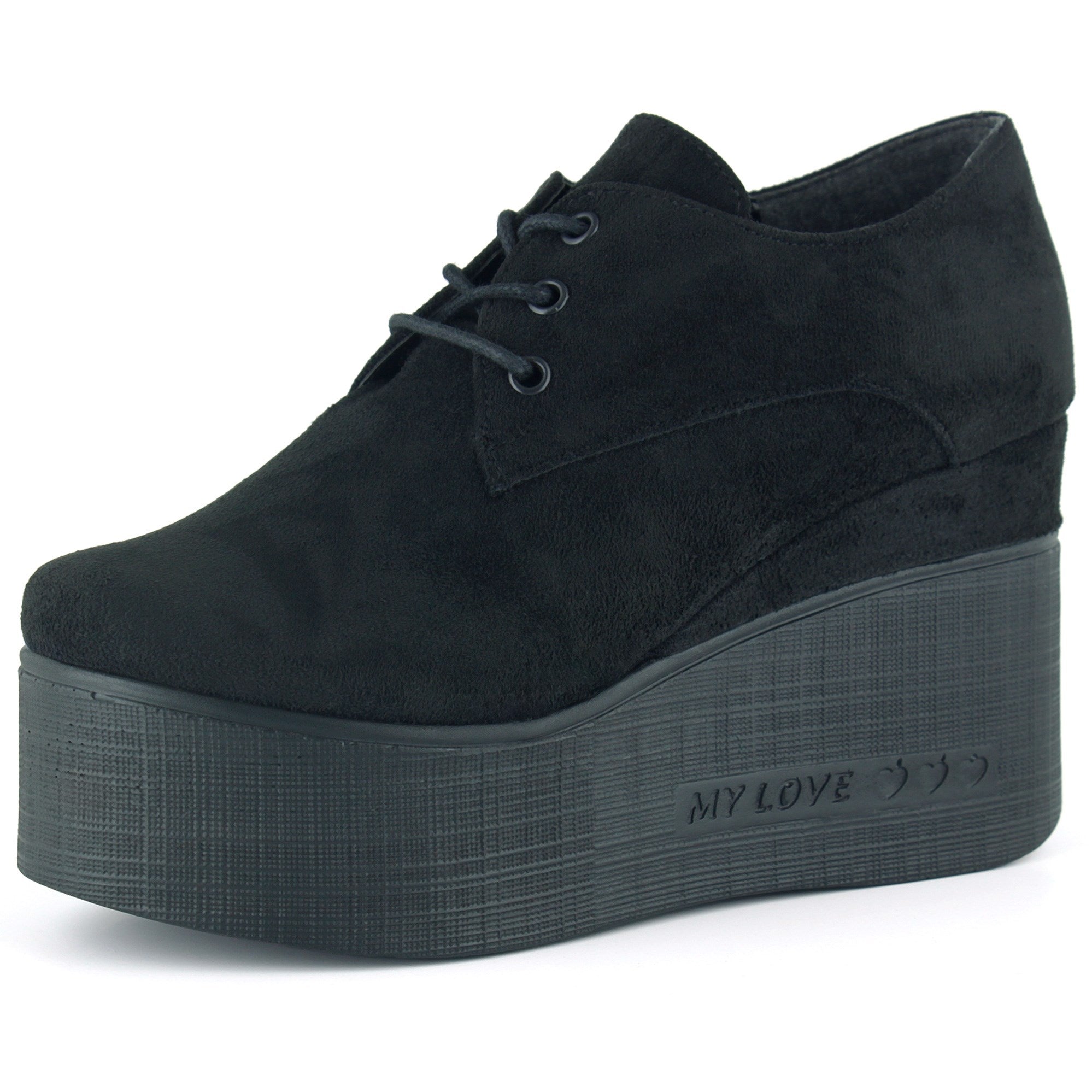 Apricity Siyah Süet Yuvarlak Burun Bağcıklı Gizli Dolgu Topuklu Günlük Ayakkabı