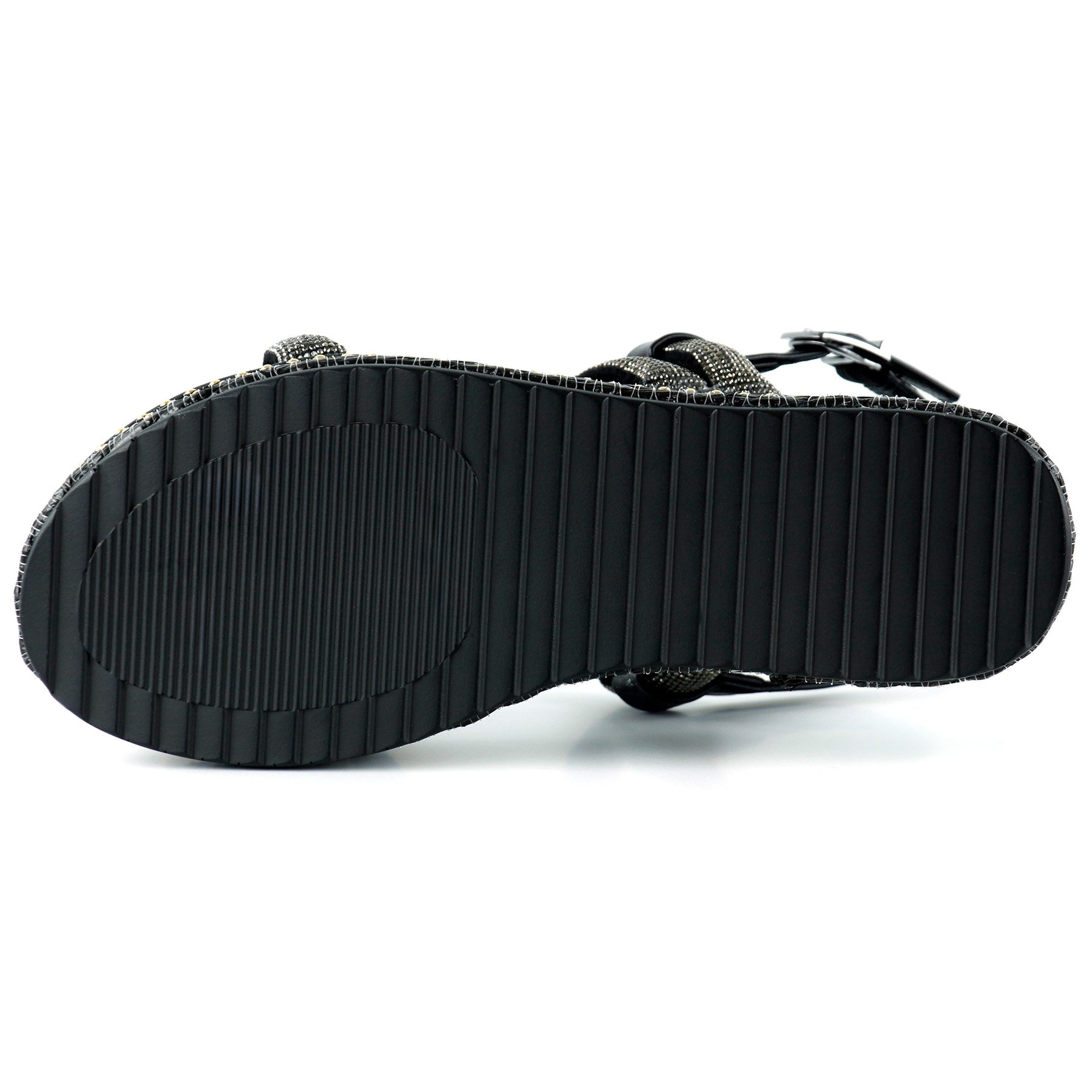 [7027] Siyah Üç Bant Taşlı İnci Detaylı Zikzak Örgülü Platform Sandalet