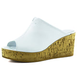 Mallery Beyaz Hakiki Dana Derisi Önü Açık Mantar Taban Görünümlü Dolgu Topuklu Terlik