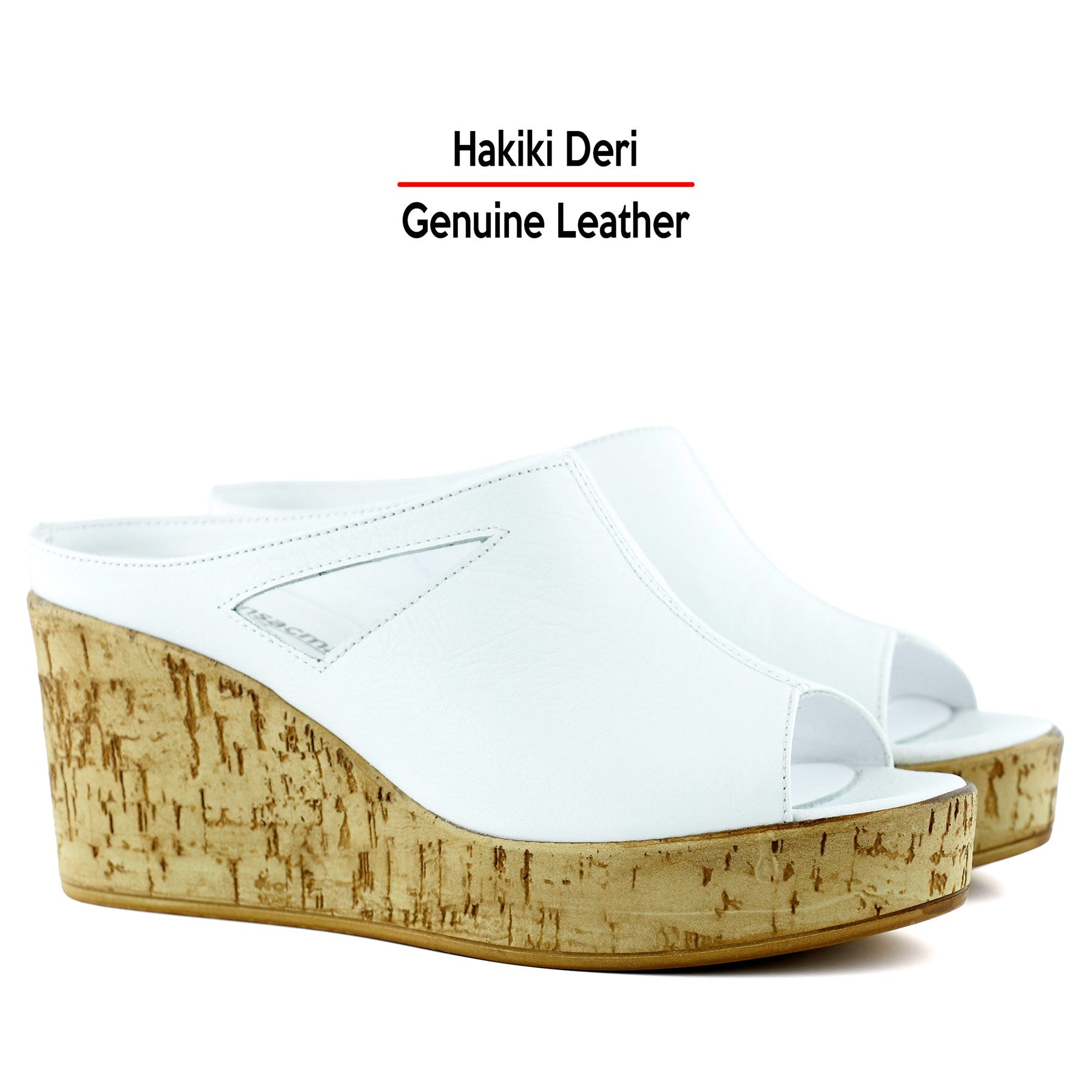 Drusilla Beyaz Hakiki Deri Önü Açık Kesik Detaylı Mantar Taban Görünümlü Dolgu Topuklu Terlik