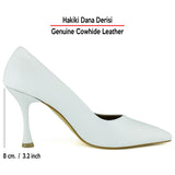 Suzanna Beyaz Hakiki Dana Derisi Sivri Burun Klasik İnce Topuklu Ayakkabı