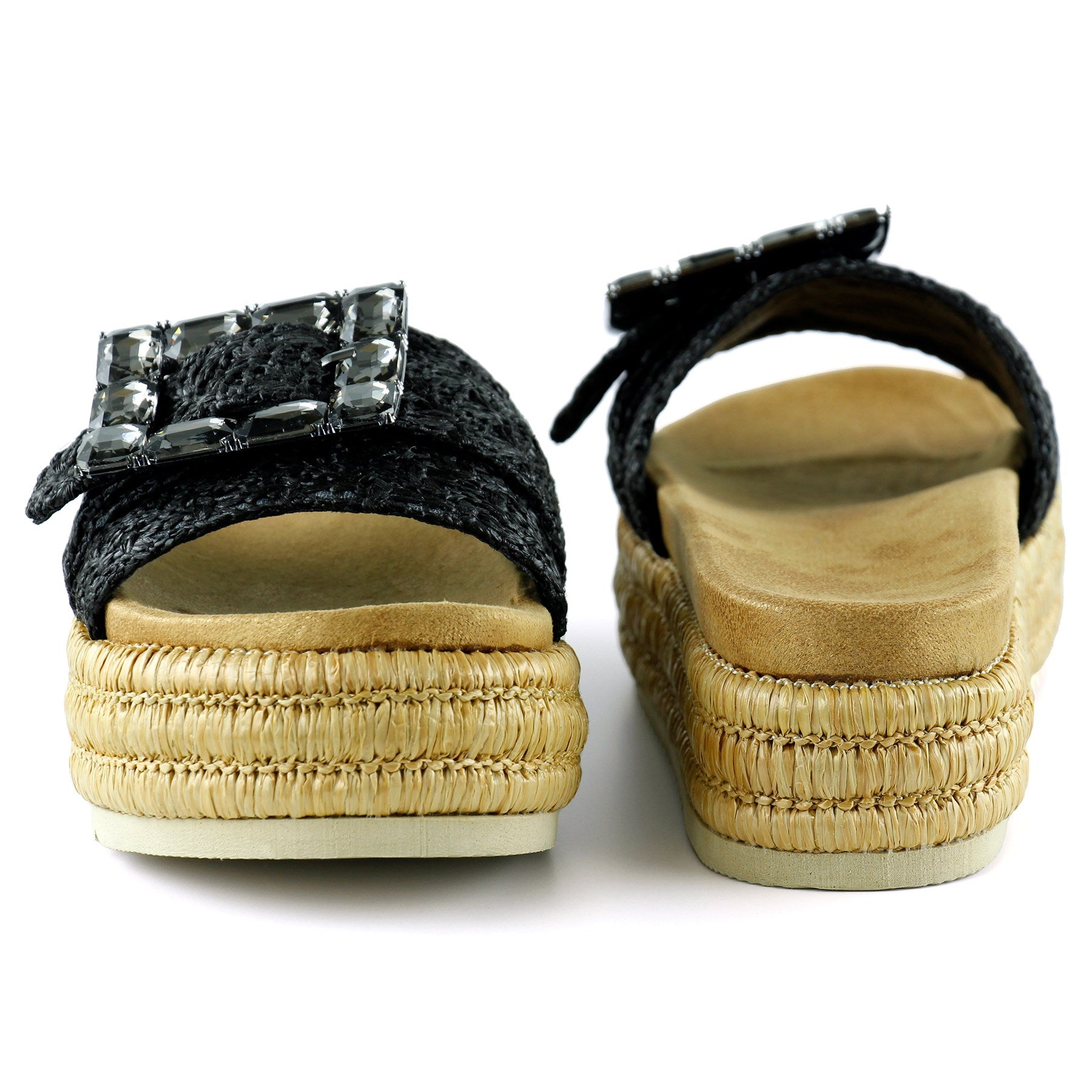 [7076] Siyah Sabit Tek Bant Kristal Taş Süslemeli Hasır Dokulu Dolgu Topuklu Terlik