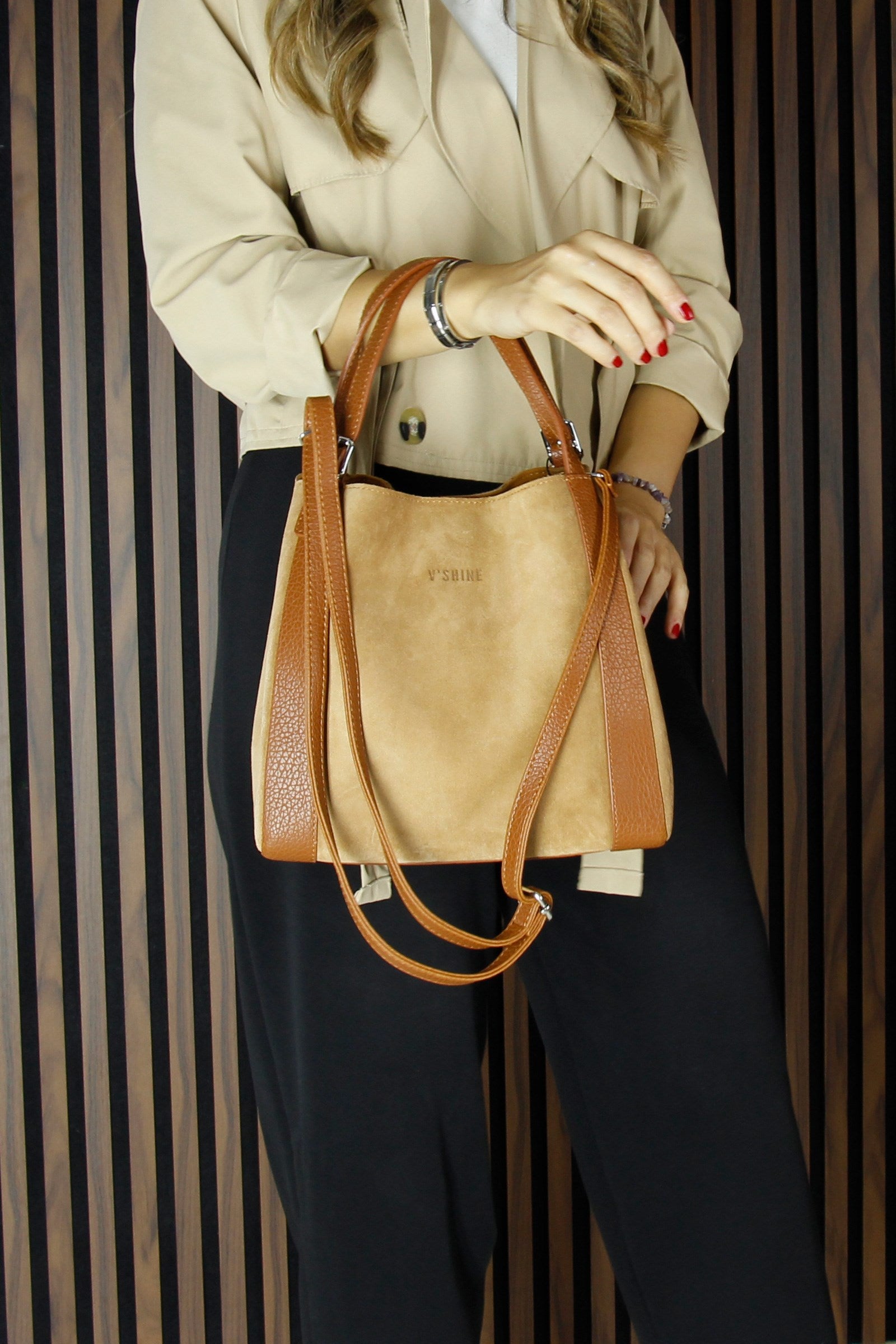 (VSN5012OC) Taba Hakiki Dana Süet Manyetik Kapaklı Büyük Boy Günlük Omuz Çantası ve Askılı El Çantası