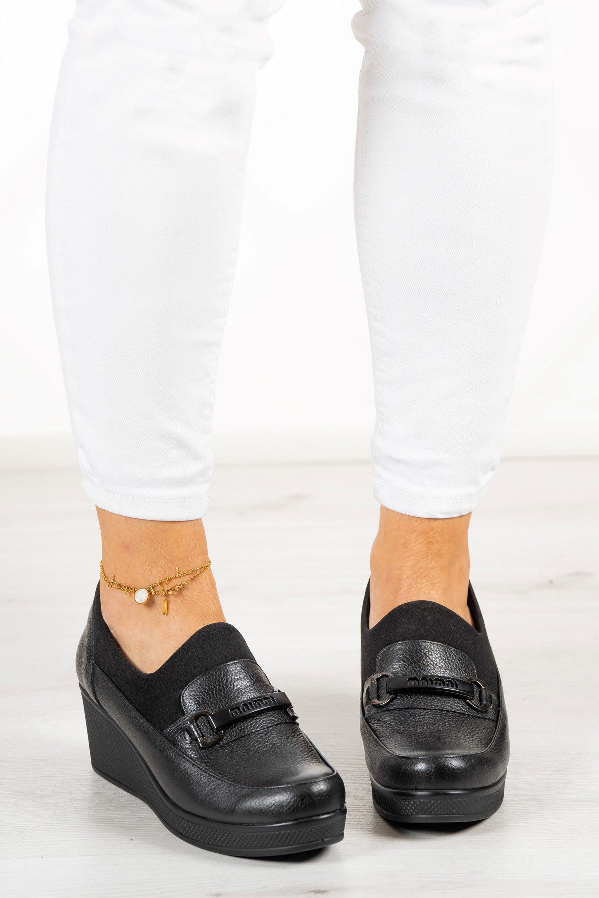 Catherine Siyah Hakiki Deri Dolgu Topuklu Streç Günlük Ayakkabı