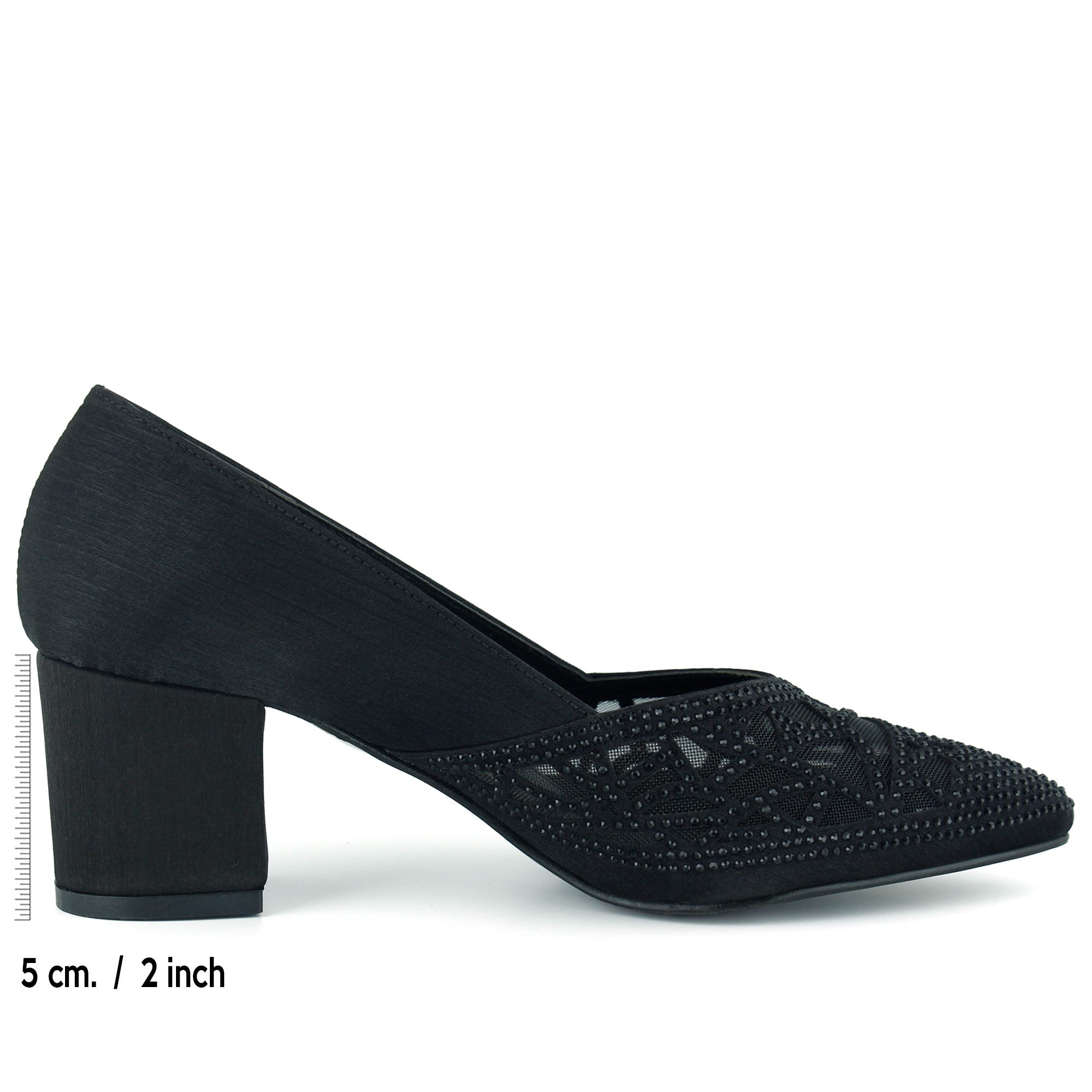 Patricia Siyah Saten Taşlı Fileli Sivri Burun Kalın Topuklu Abiye Ayakkabı