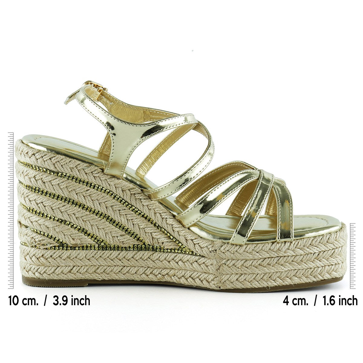 [7002] Altın Rugan Çapraz Bantlı Taşlı Zikzak Örgü Jüt Platform Topuklu Sandalet