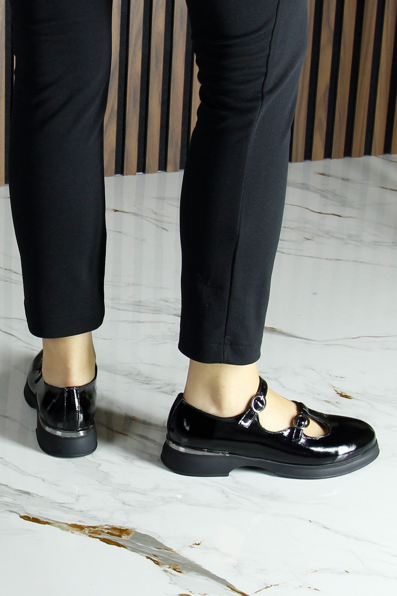 Siyah Rugan Hakiki Dana Derisi Çift Bantlı Mary Jane Kalın Topuklu Günlük Ayakkabı