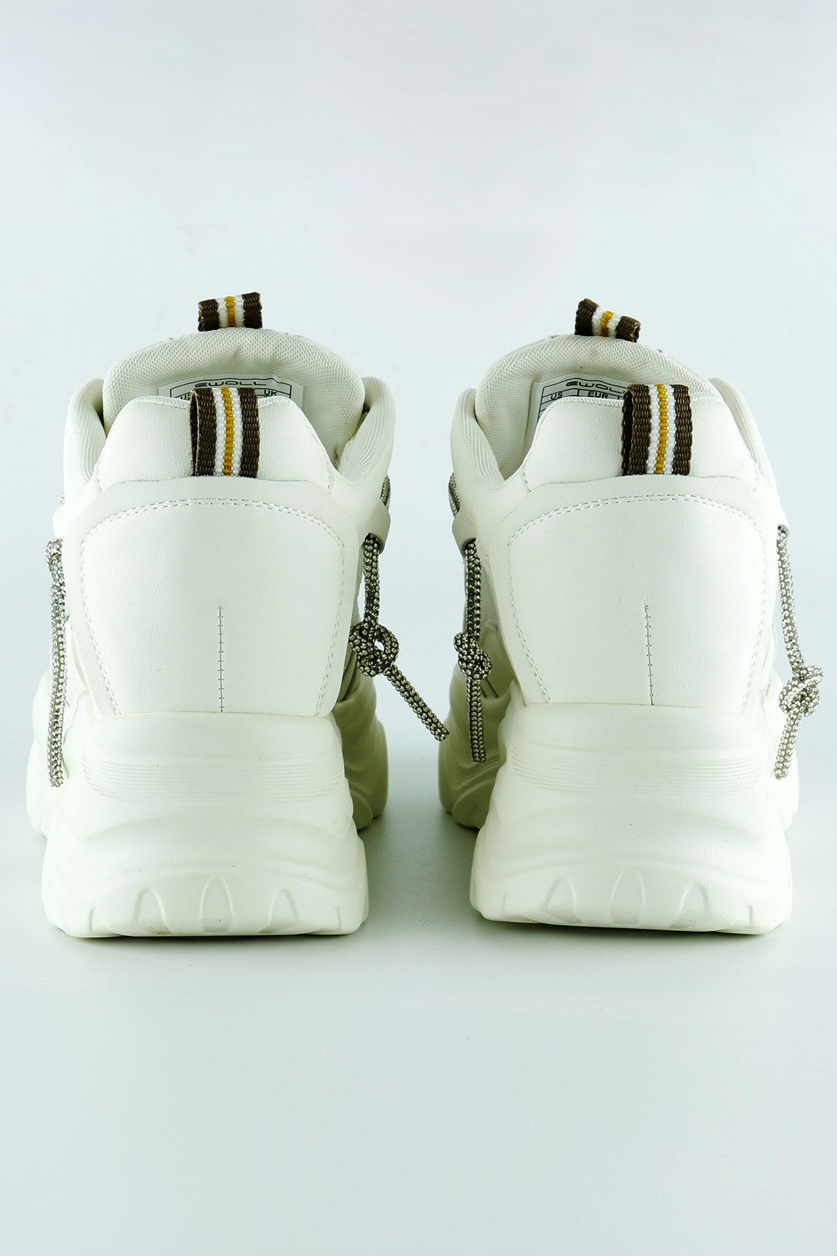 [5038] Ekru Yüksek Taban Spor Fileli Taşlı Bağcıklı Platform Sneaker
