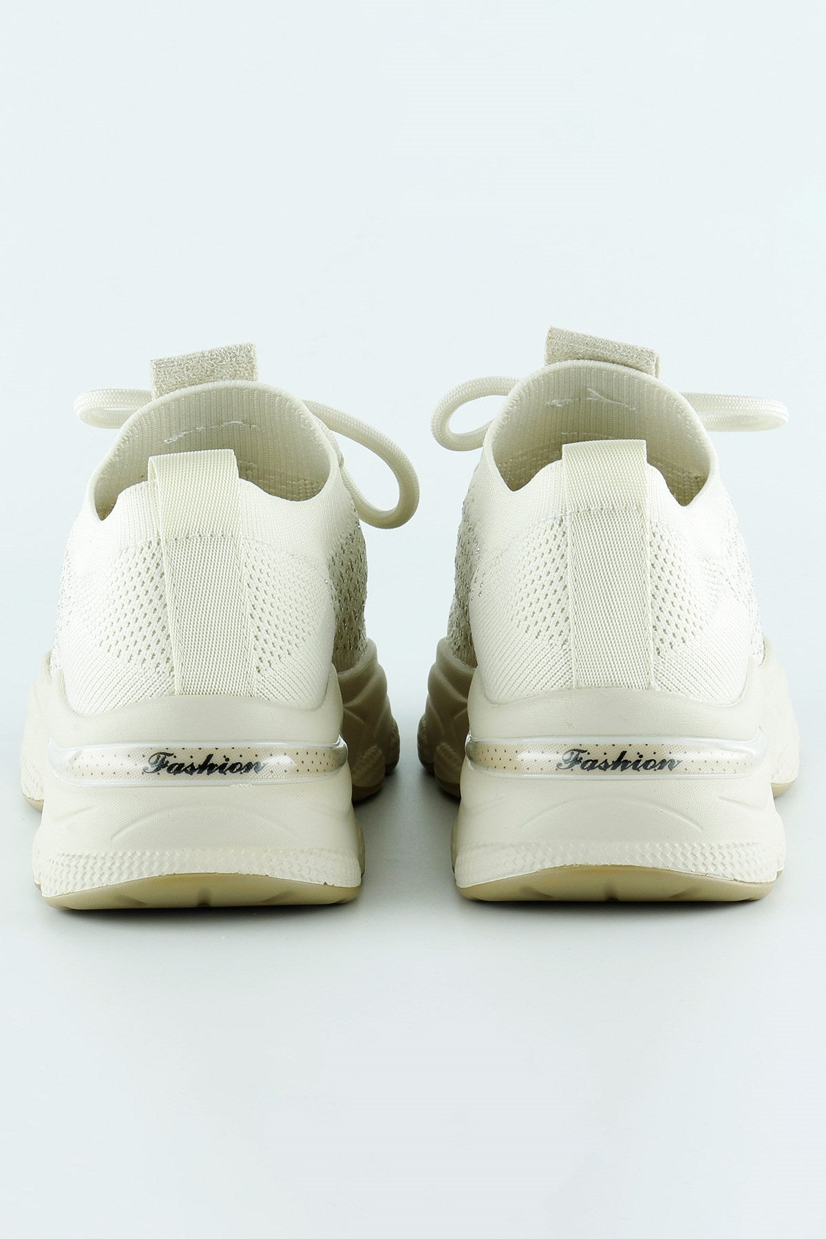 [5031] Bej Örgü Dokuma Taş Detaylı Bağcıklı Slip-on Sneaker