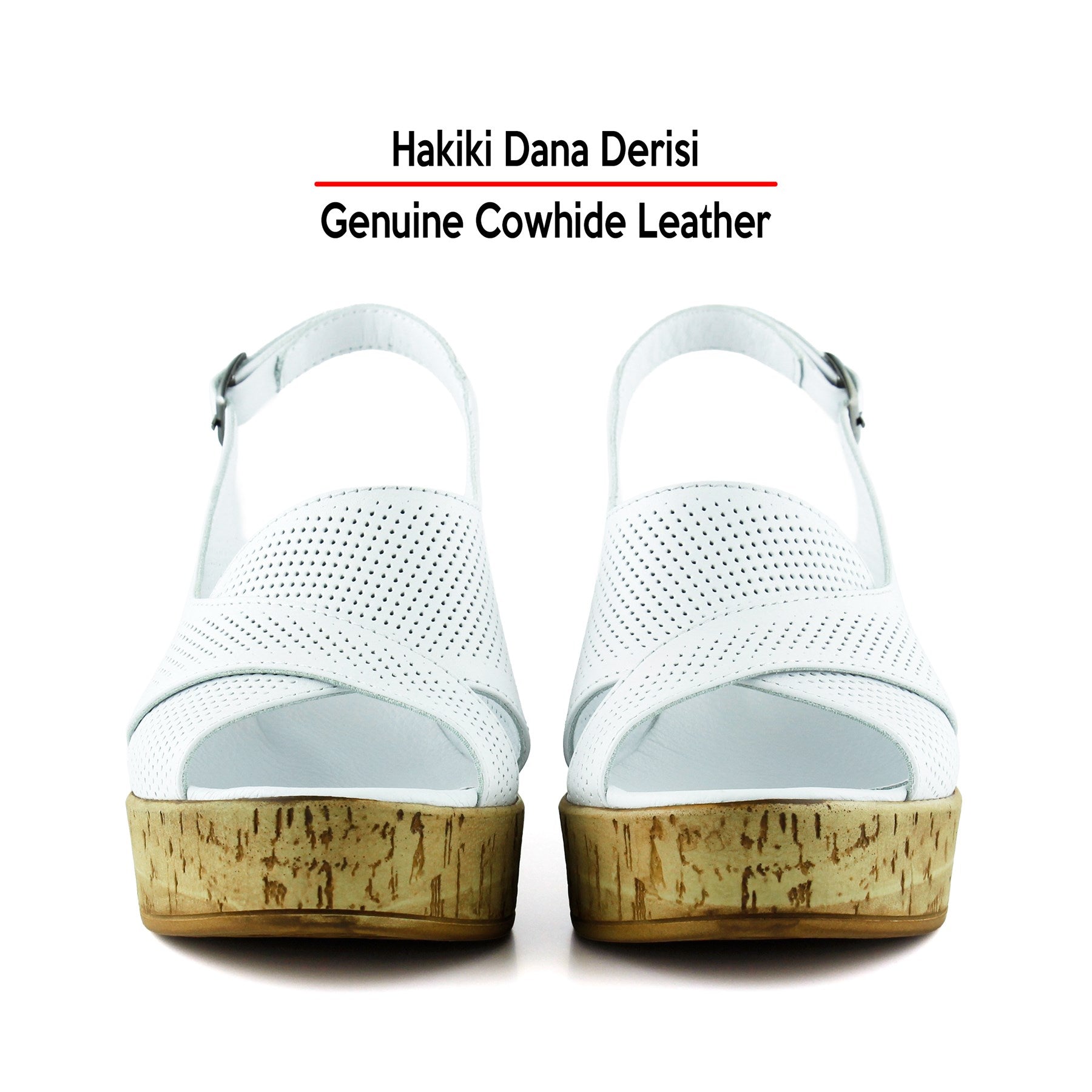 Serie Beyaz Hakiki Dana Derisi Delik Detaylı Mantar Taban Görünümlü Dolgu Topuklu Slingback Sandalet