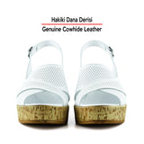 Serie Beyaz Hakiki Dana Derisi Delik Detaylı Mantar Taban Görünümlü Dolgu Topuklu Slingback Sandalet