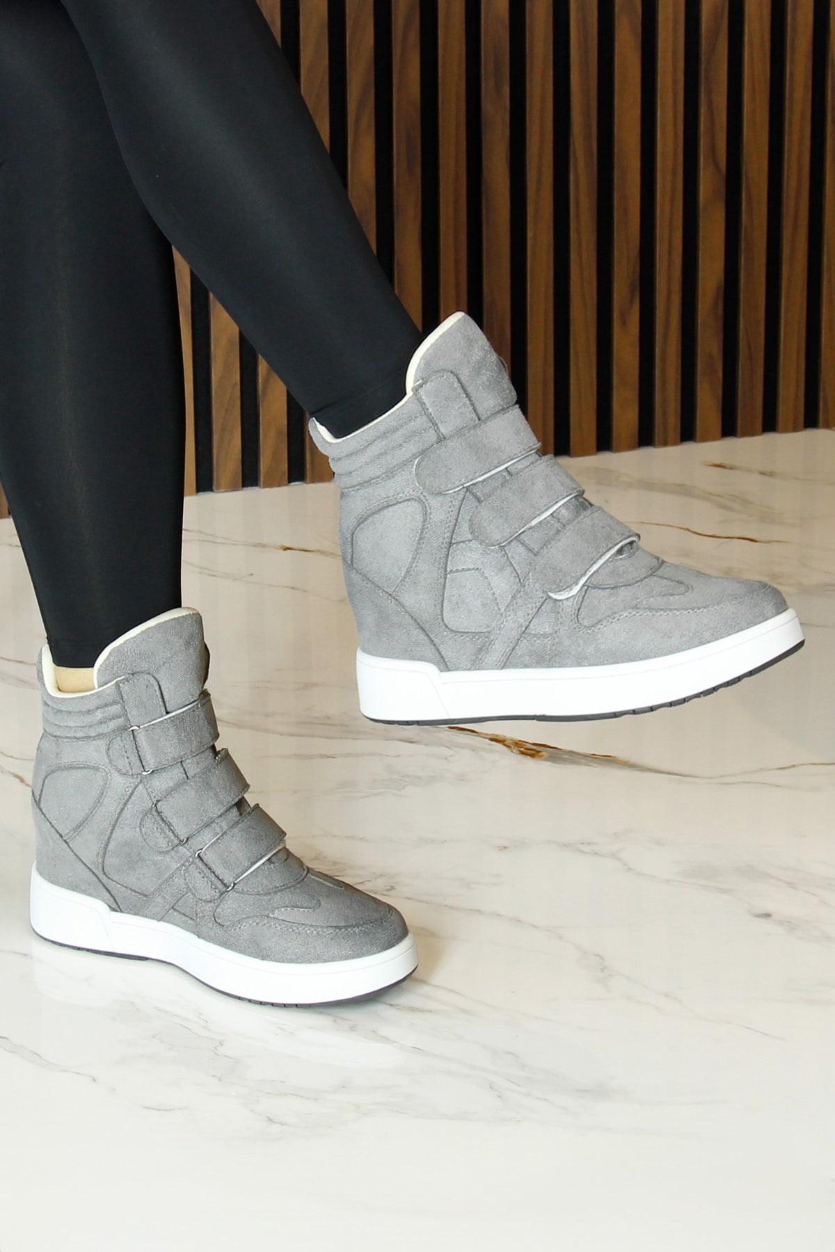 Talvi Gri Süet Yuvarlak Burun Cırt Cırtlı Gizli Dolgu Topuklu Günlük Bot