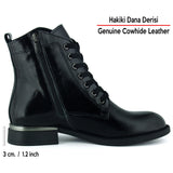 [MAX 401] Siyah Rugan Hakiki Dana Derisi Taşlı Bağcıklı Fermuarlı Yuvarlak Burun Kalın Topuklu Günlük Bot