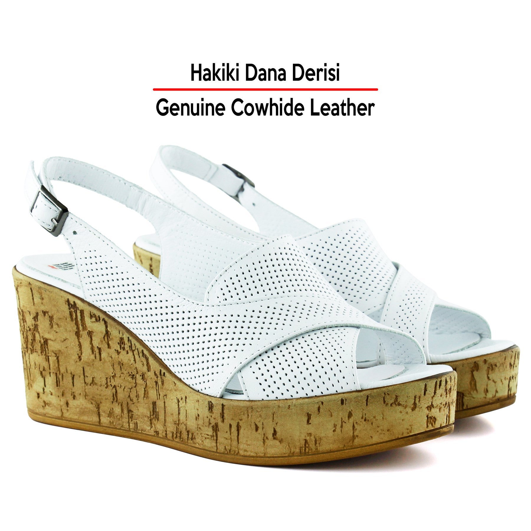 Serie Beyaz Hakiki Dana Derisi Delik Detaylı Mantar Taban Görünümlü Dolgu Topuklu Slingback Sandalet