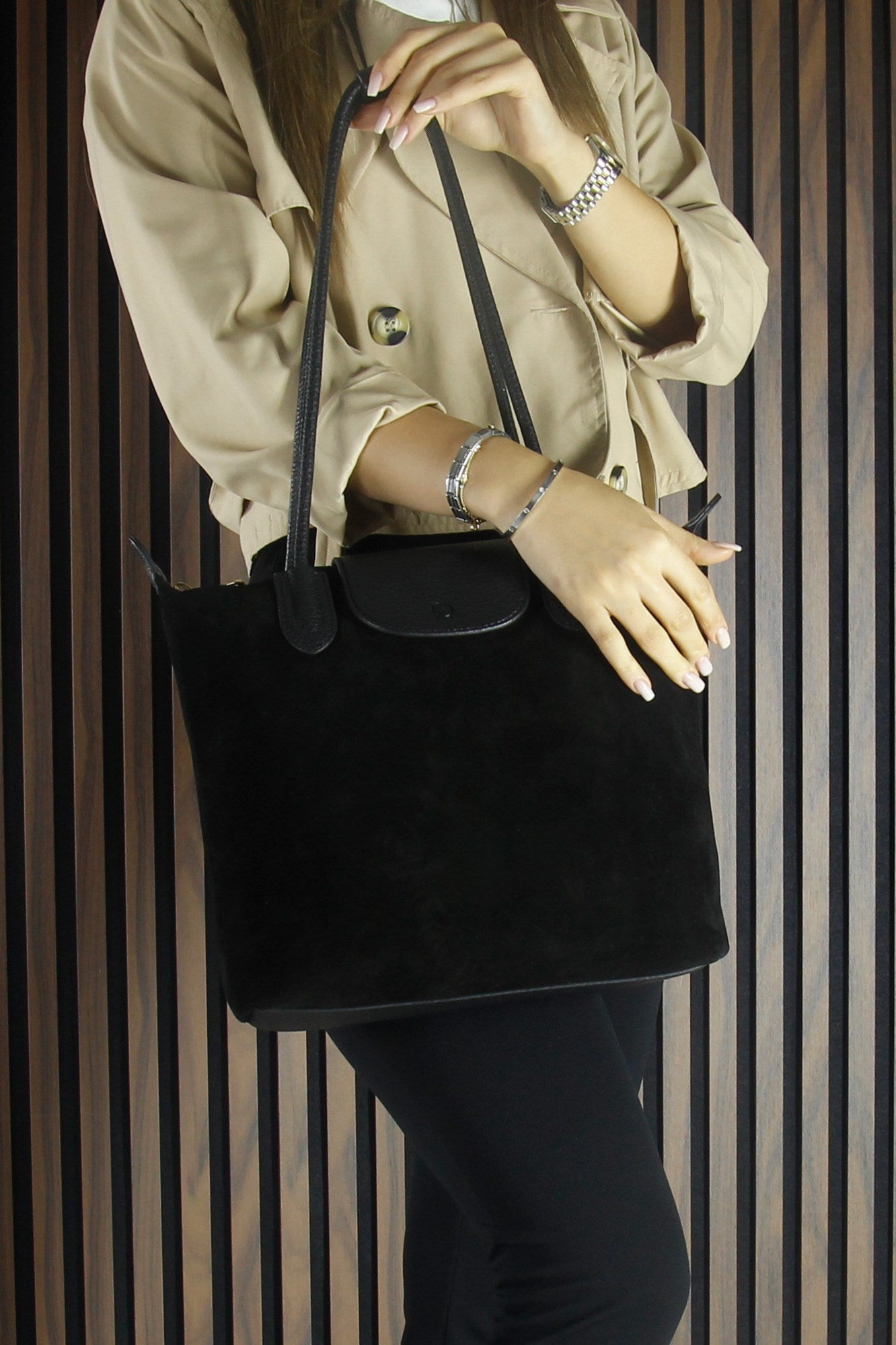 (VSN5017OC) Siyah Hakiki Dana Süet Fermuarlı Manyetik Kapaklı Büyük Boy Günlük Omuz Çantası