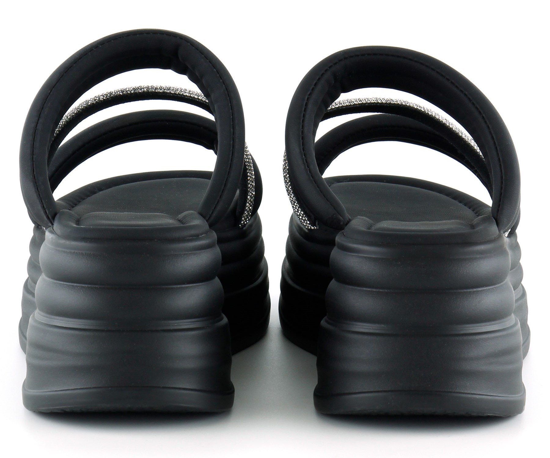 [7028] Siyah Dolgu Taban Gümüş Taşlı Bantlı Platform Terlik