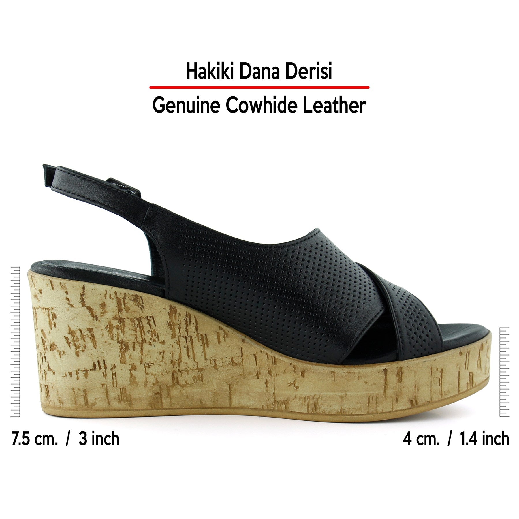 Serie Siyah Hakiki Dana Derisi Delik Detaylı Mantar Taban Görünümlü Dolgu Topuklu Slingback Sandalet