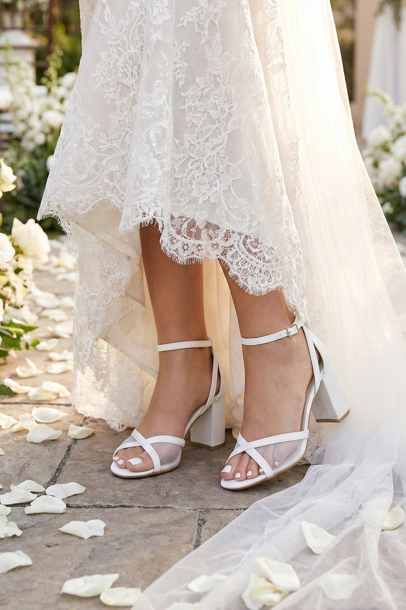 Charlotte Beyaz Vegan Çapraz Bantlı Fileli Kalın Topuklu Abiye Gelin Ayakkabısı