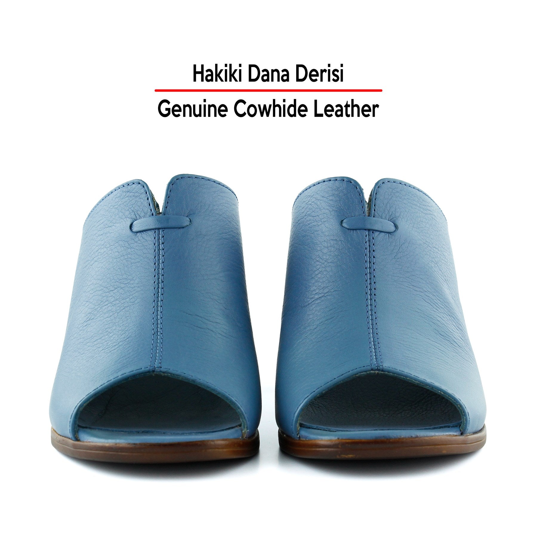 Valery Mavi Hakiki Dana Derisi Önü Açık Kalın Topuklu Terlik