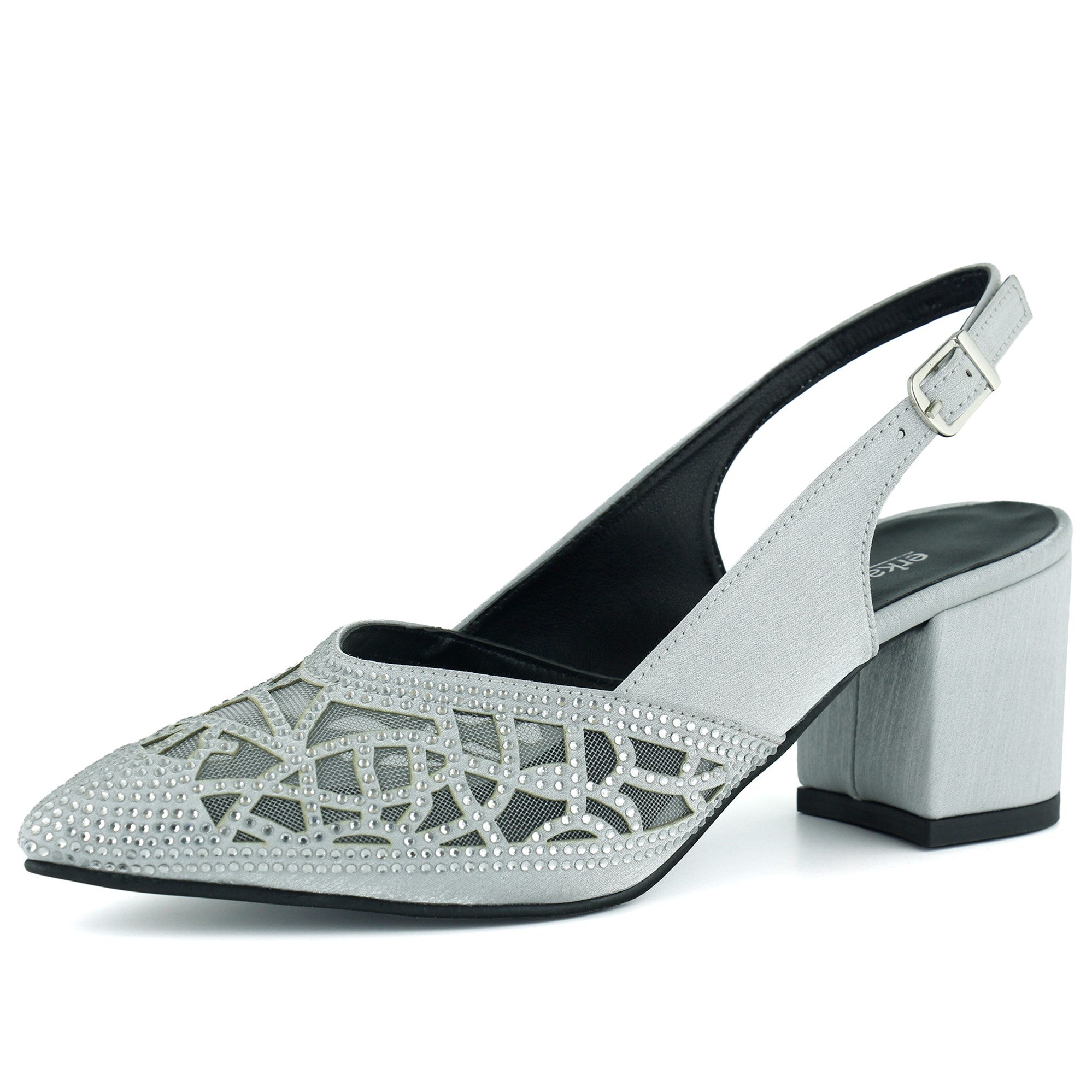 Estelle Gümüş Saten Taşlı Fileli Sivri Burun Kalın Topuklu Arkası Açık Abiye Ayakkabı