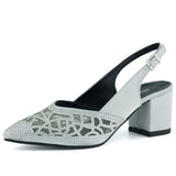 Estelle Gümüş Saten Taşlı Fileli Sivri Burun Kalın Topuklu Arkası Açık Abiye Ayakkabı