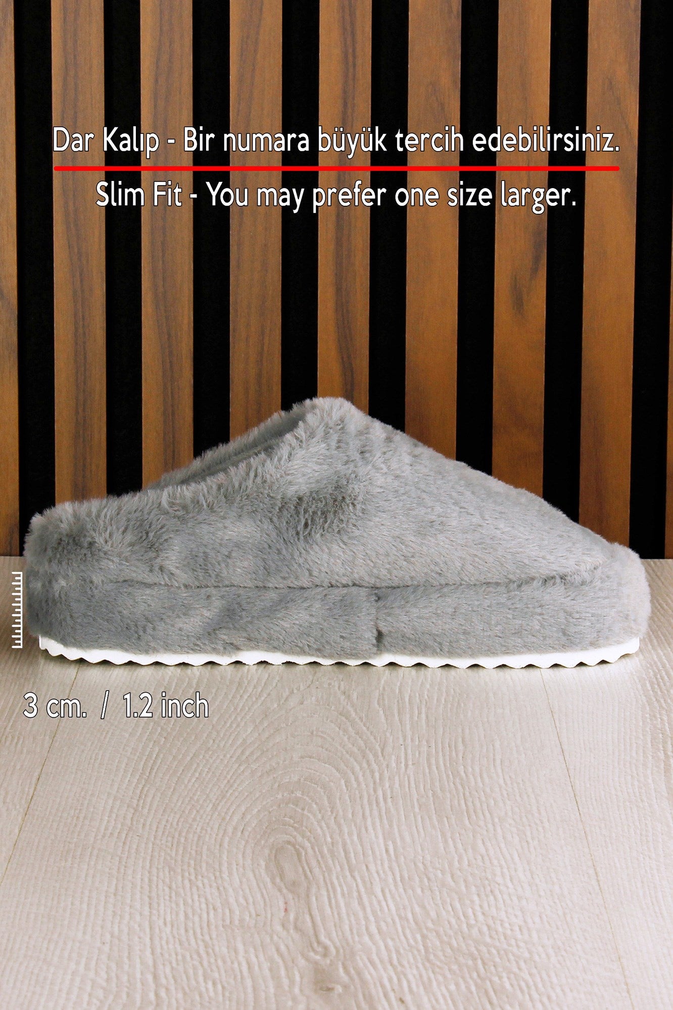 Clara Gri Pelüş - DAR KALIP - Ayıcık Desenli Kalın Düz Tabanlı Sessiz Kadın Ev Terliği