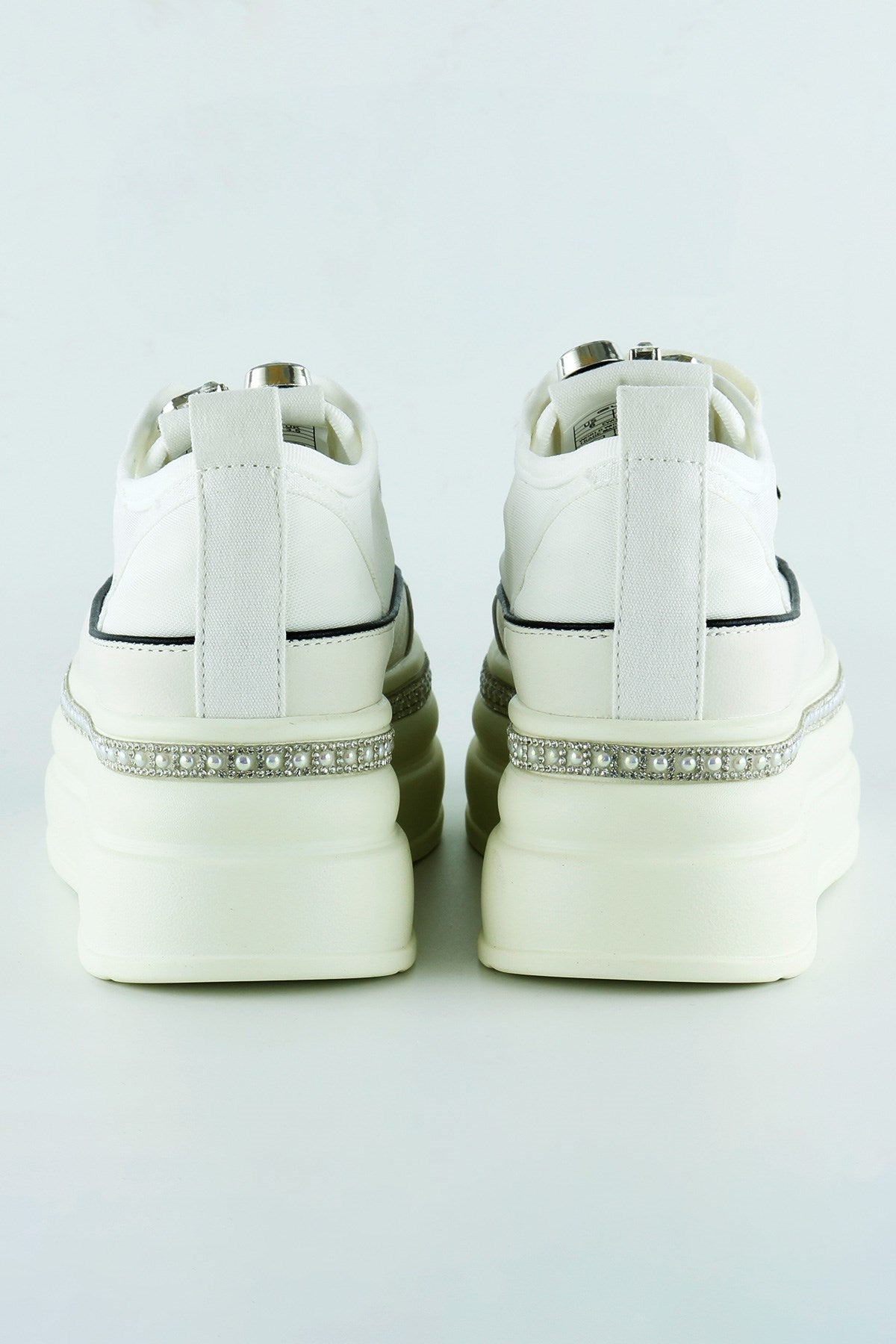[5030] Beyaz Yüksek Taban Kristal Taşlı İnci Detaylı Bağcıklı Gelin Platform Sneaker