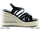 [7002] Siyah Rugan Çapraz Bantlı Taşlı Zikzak Örgü Jüt Platform Topuklu Sandalet