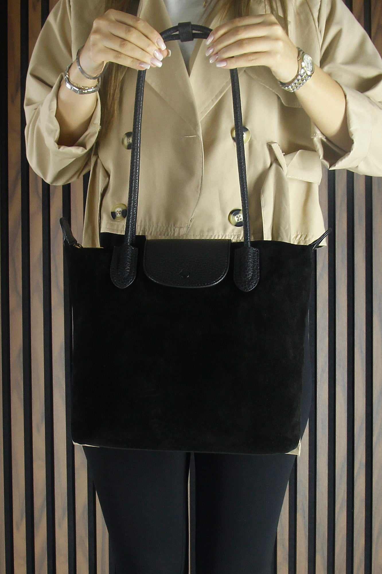 (VSN5017OC) Siyah Hakiki Dana Süet Fermuarlı Manyetik Kapaklı Büyük Boy Günlük Omuz Çantası