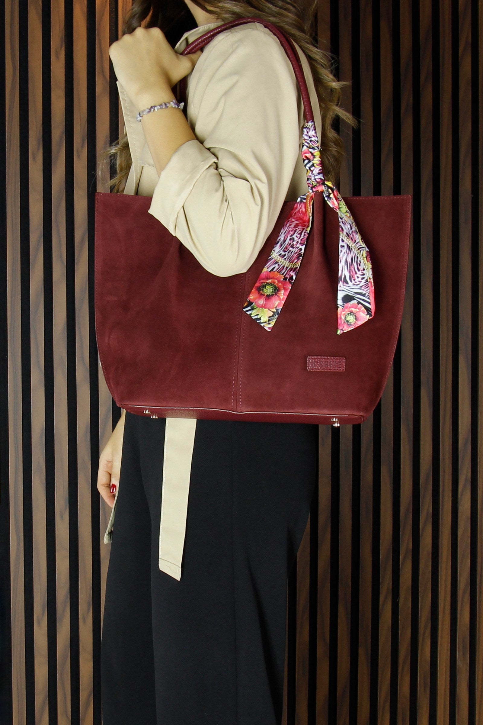 (VSN3093OC) Bordo Hakiki Dana Süet Manyetik Kapaklı Büyük Boy Günlük Omuz Çantası ve Askılı El Çantası