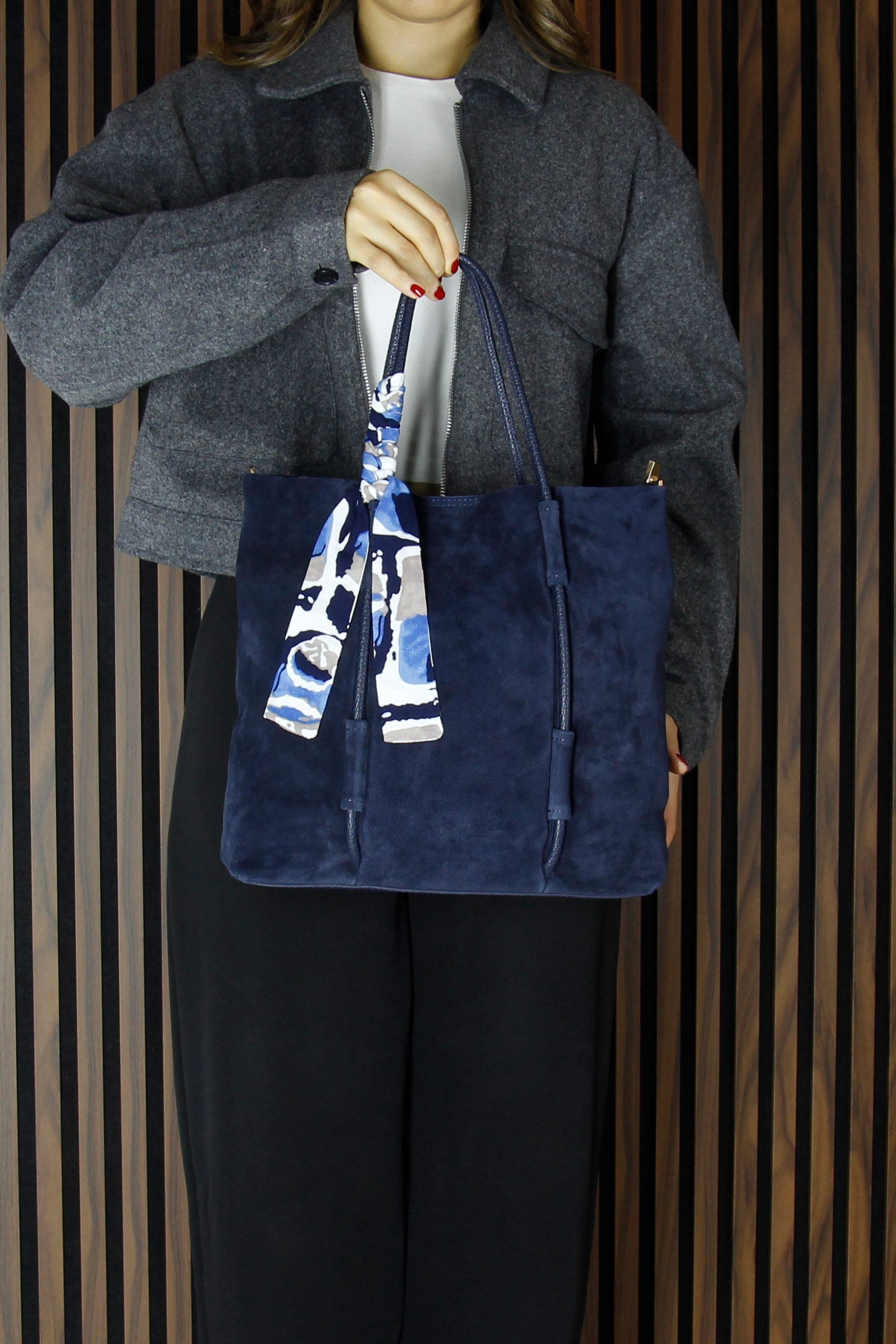 (VSN5013OC) Lacivert Hakiki Dana Süet Manyetik Kapaklı Fermuarlı İç Cepli Askılı Büyük Boy Günlük Omuz Çantası