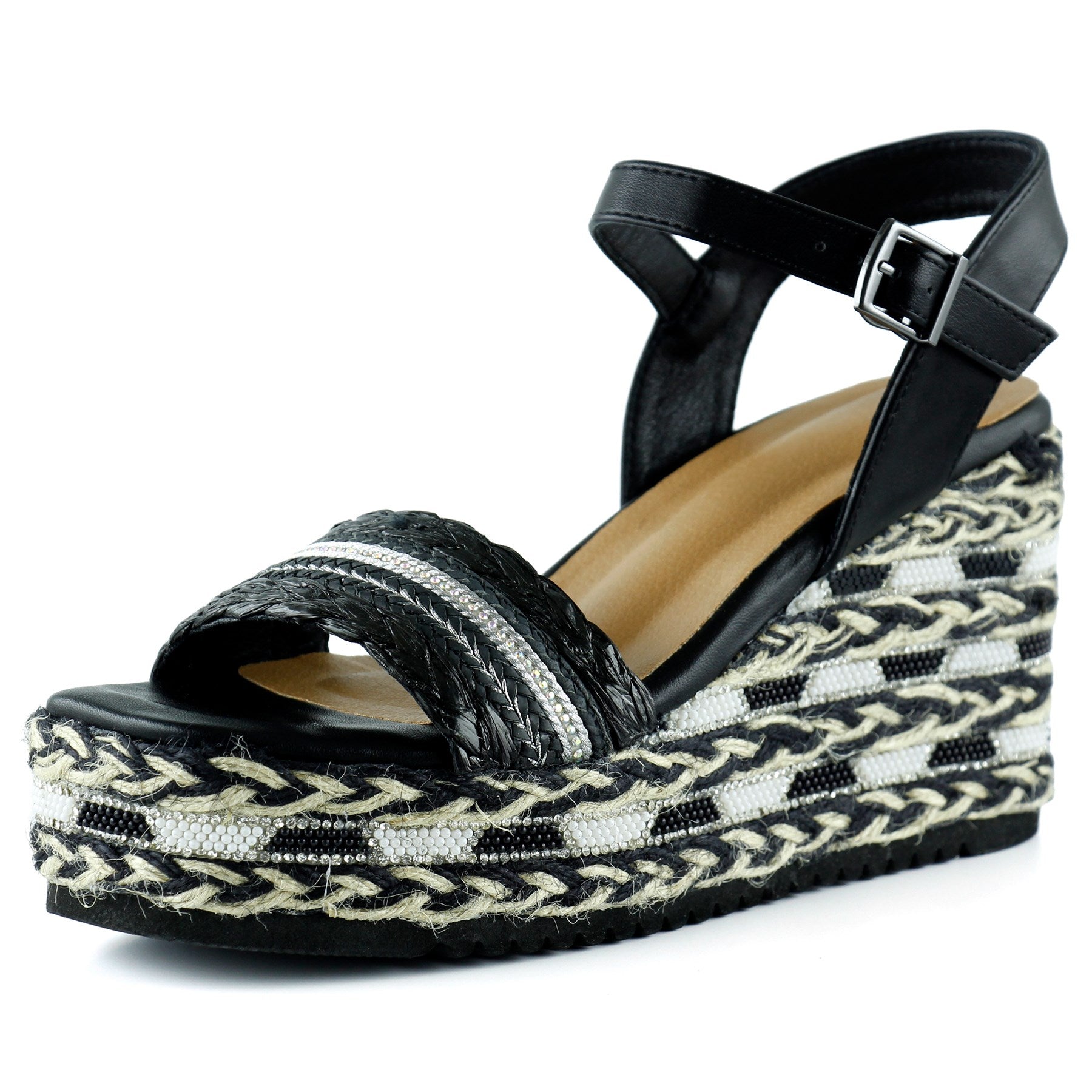[7075] Siyah Kristal Taşlı İncili Sim Nakışlı Tokalı Zikzak Örgü Jüt Dolgu Topuklu Sandalet